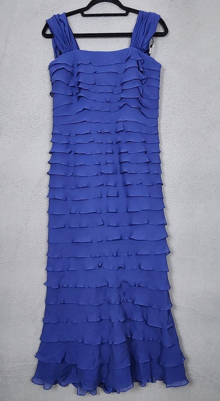 Tadashi Collection Dress Womens 14 Blue Silk Tiered Ruffle Maxi Formal
